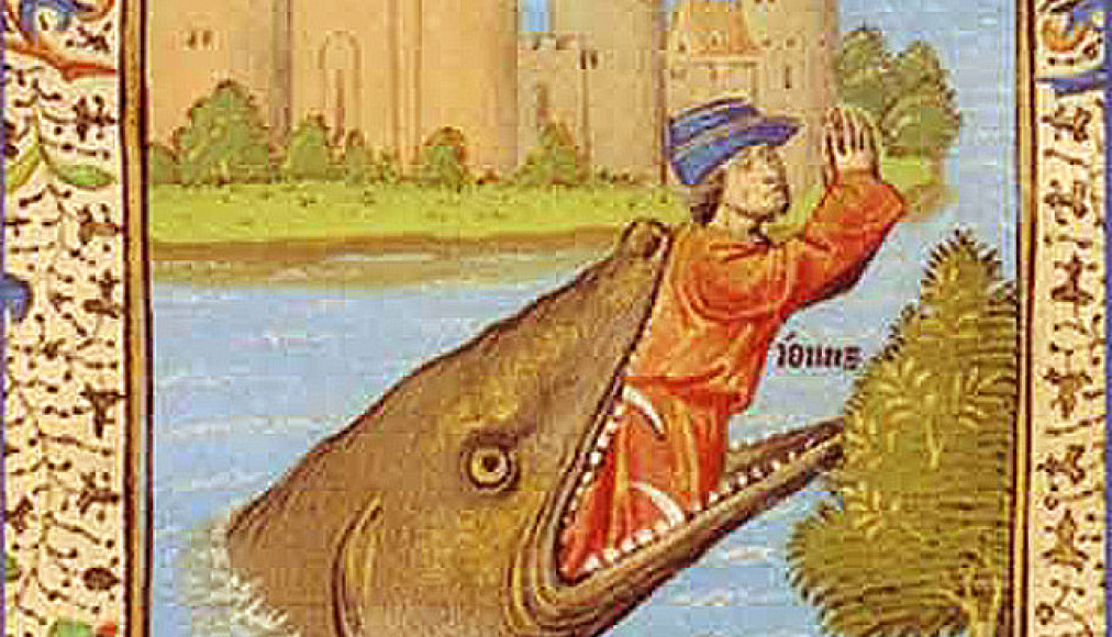 Jonas rejeté par le grand poisson, extrait de la Bible du pape Jean XXII (XIVe siècle).